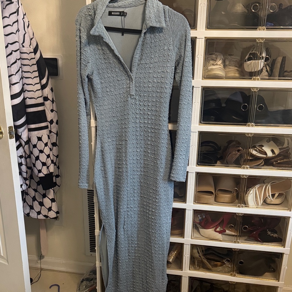 Missguided+ Textured Long Sleeve Dress in Blue